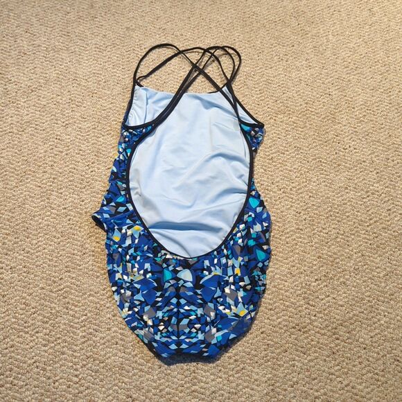 Nike Shattered Glass Swimsuit One Piece Womens 10 Blue Geometric Swimwear Pool - Picture 4 of 6